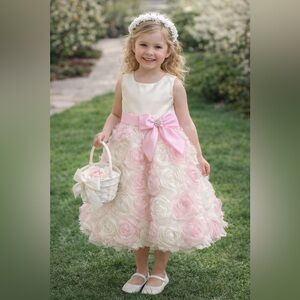 Rare Editions Girls Size 5 Pink Rosette Flower Girl Easter Party Dress Bow